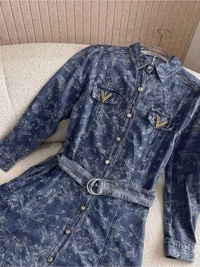 Valentino Indigo Floral Denim Belted Jumpsuit